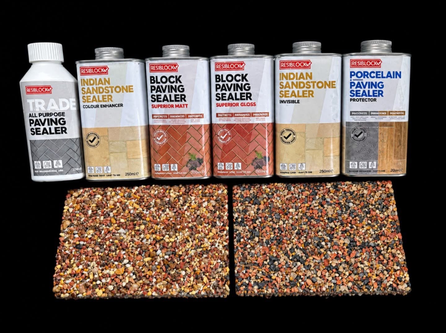 Resiblock sealer samples beside our Smart Call Bespoke Quartz and Bespoke Marble resin samples